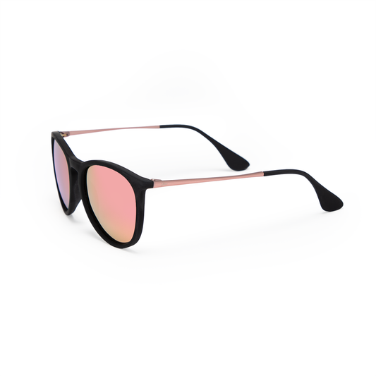 Jane Legacy black round sunglasses with pink mirrored polarized lenses and rose gold arms