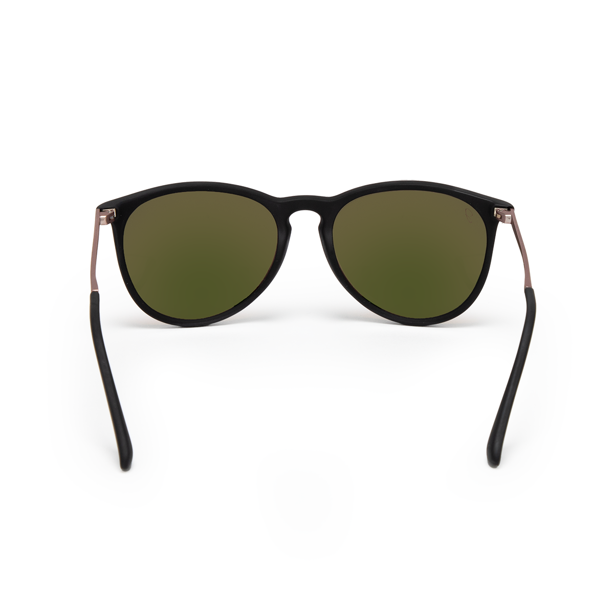 Stylish black round sunglasses with pink mirrored lenses and rose gold detailing from Jane Legacy