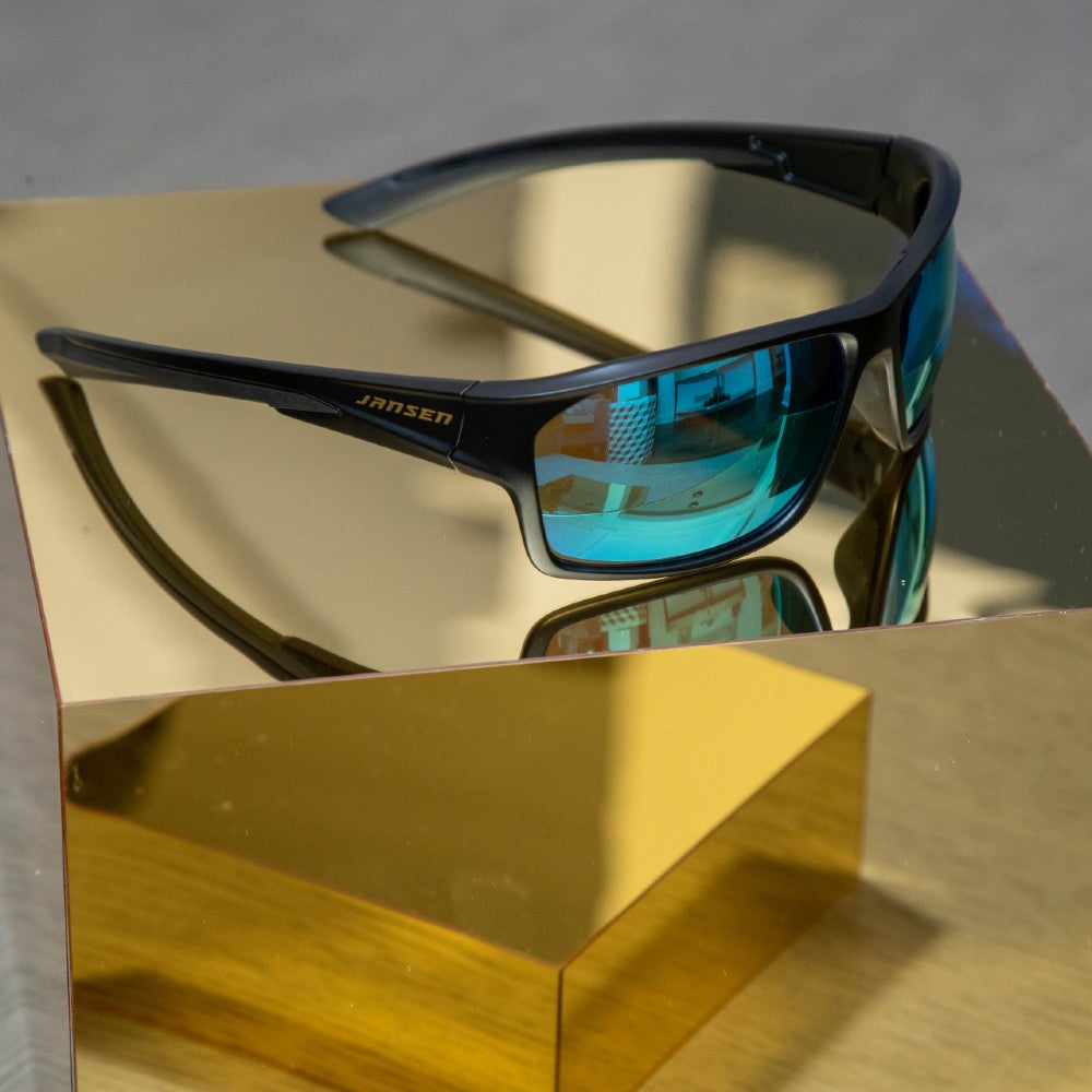 Close-up of Jansen Eyewear sunglasses on display, highlighting premium design and lens detail
