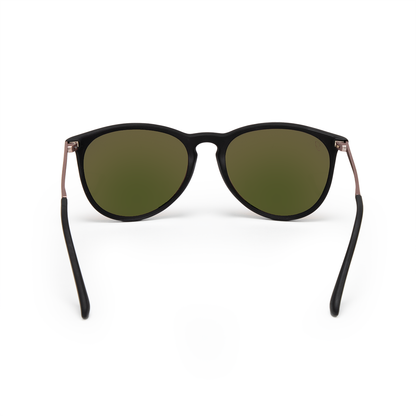 Stylish black round sunglasses with pink mirrored lenses and rose gold detailing from Jane Legacy