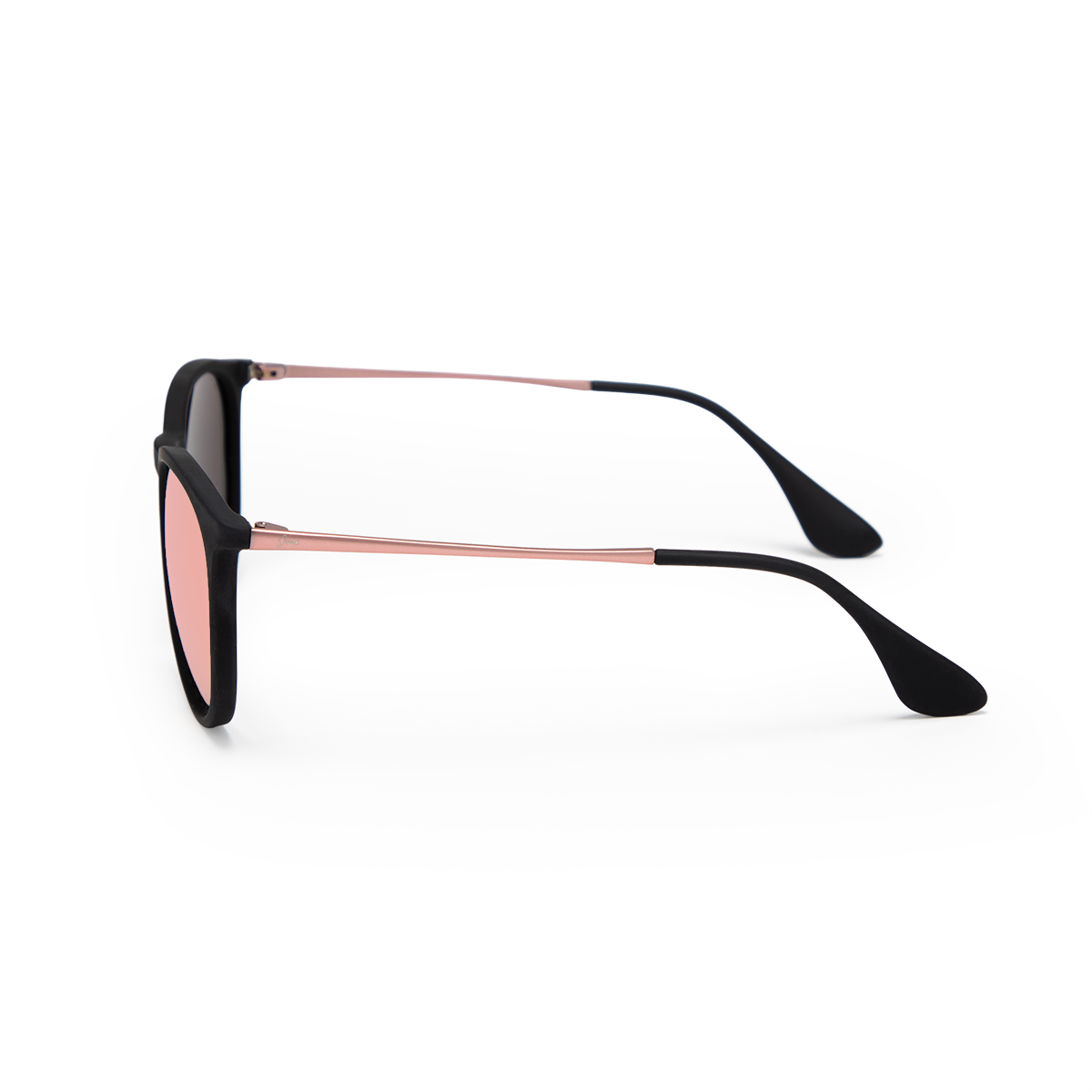 Stylish black round sunglasses with pink mirrored lenses and rose gold detailing from Jane Legacy
