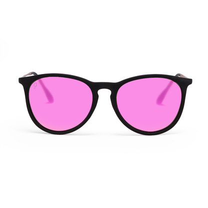 Black round-frame Jane Legacy sunglasses with rose gold temples and pink mirrored lenses