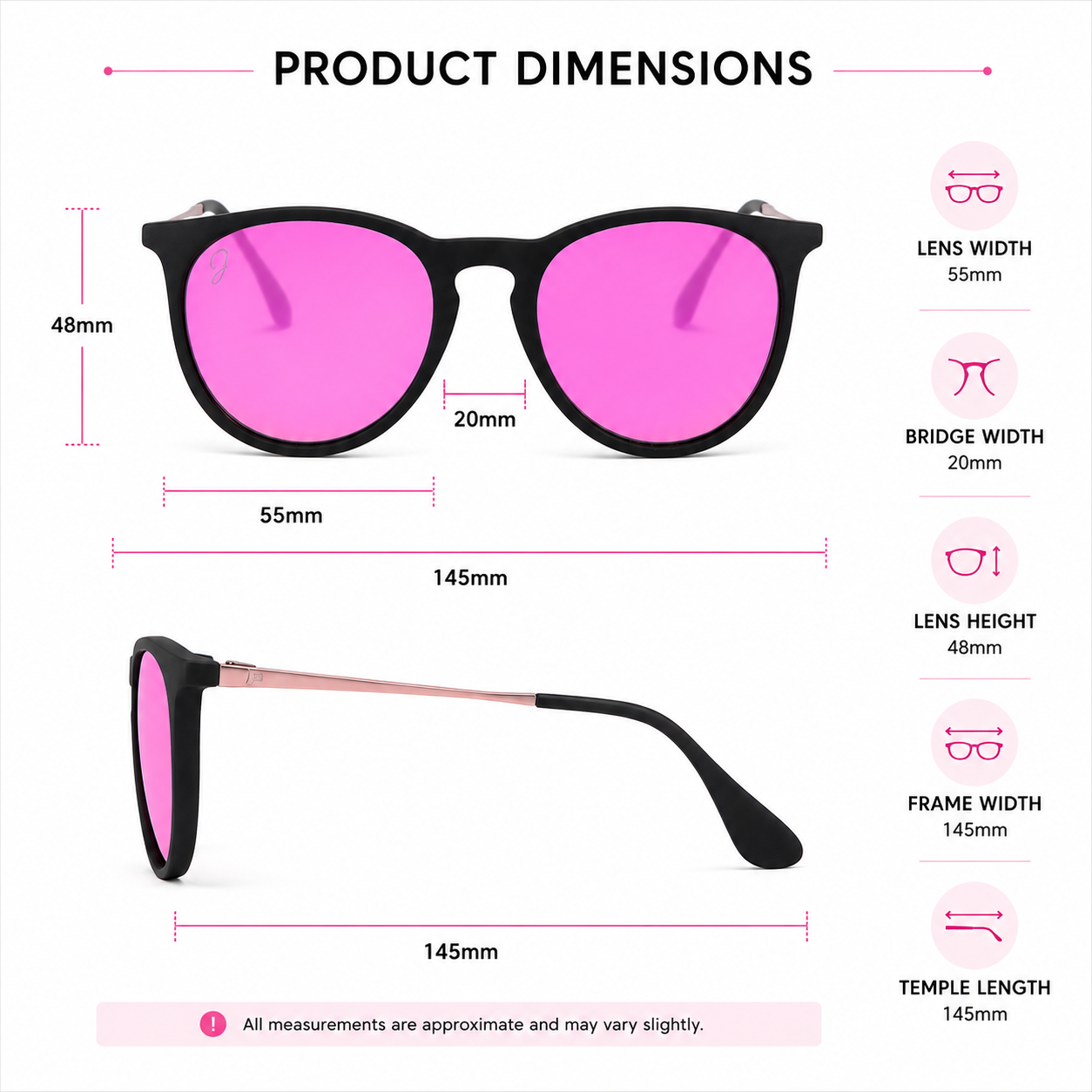 Jane Legacy black round sunglasses with pink mirrored polarized lenses and rose gold arms - Specifications