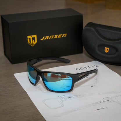 Jansen sunglasses displayed with box, case, and design drawing, showcasing craftsmanship and creativity